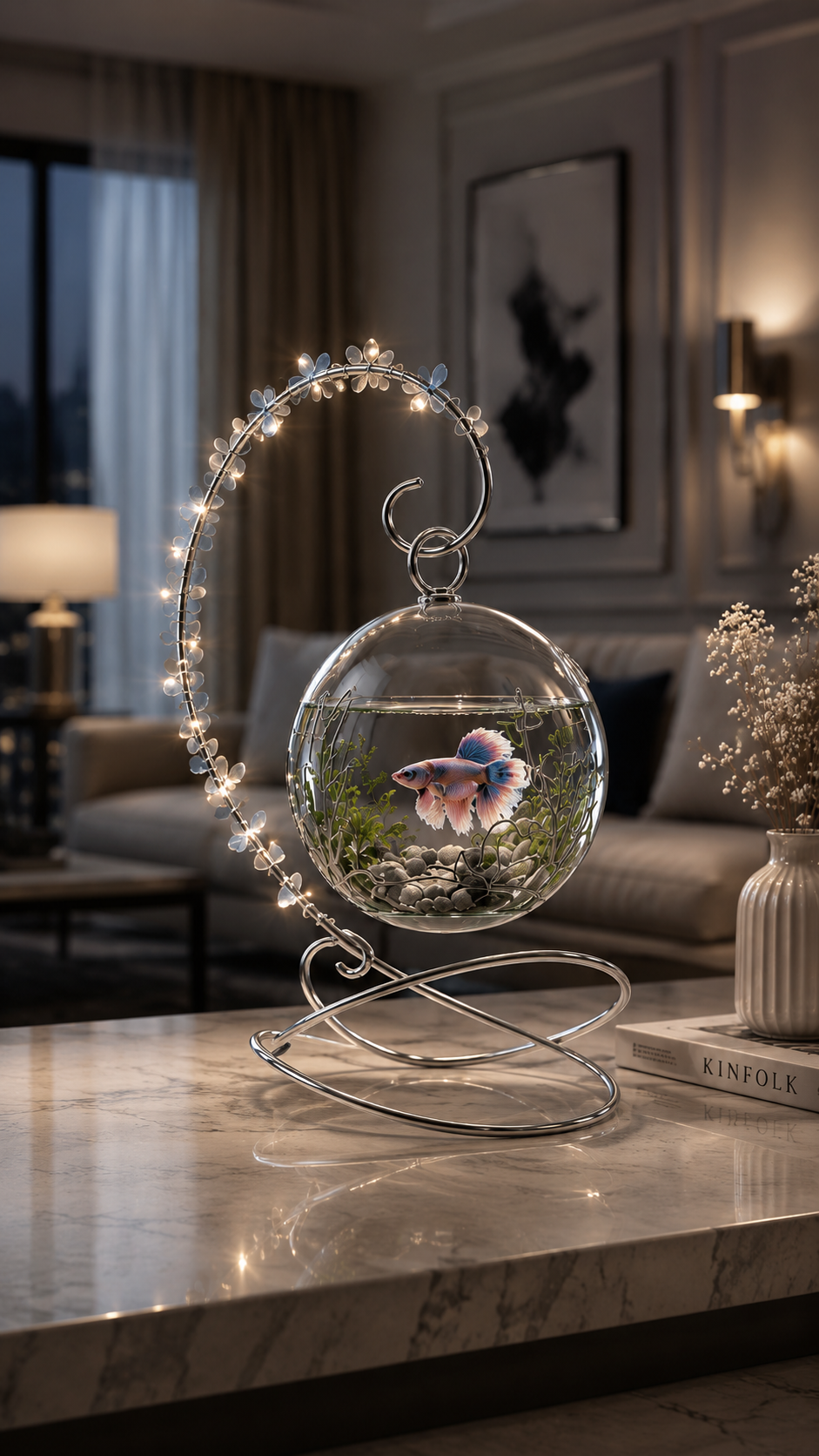 Cupang spherical glass betta bowl on a sculptural metal stand